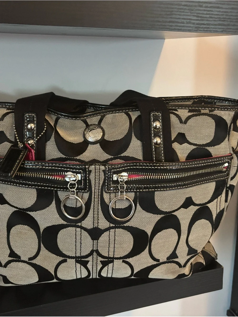 Coach Black and Beige Signature Canvas Tote with Dual Front Zips